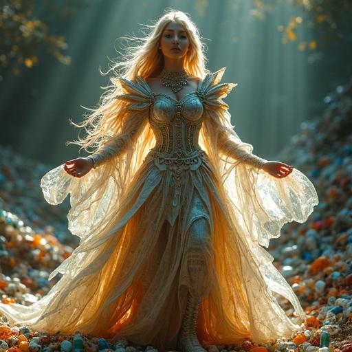 A breathtaking fantasy goddess made of sorted recyclable materials. Divine robes and armor from resource waste. Translucent PET bottles shimmer on her chest. Flowing gown from folded newspaper and magazine pages. Corset and arm guards from corrugated cardboard. Jewelry made of bottle caps and can tabs. Long hair from plastic strips and paper. Floating above a recycling altar surrounded by piles of recyclables. Divine radiance with a serene expression.
