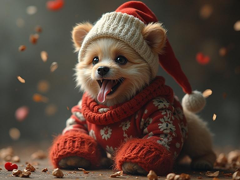A cute Pomeranian dog wearing a festive red sweater and a Christmas hat sitting on the ground surrounded by leaves and petals. The dog is smiling and looking cheerful, creating a warm and festive atmosphere.