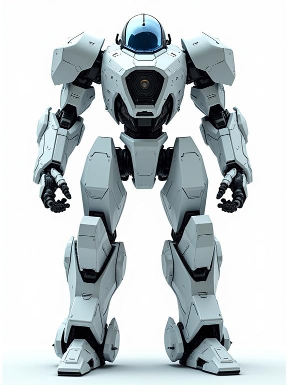A rugged angular robot in a dominant pose. Head has a central camera lens with a glass dome. Color scheme features white and metallic blue with mechanical joints. Heavy plating shows subtle wear marks. Rendered in 3D with dramatic lighting against a white background.