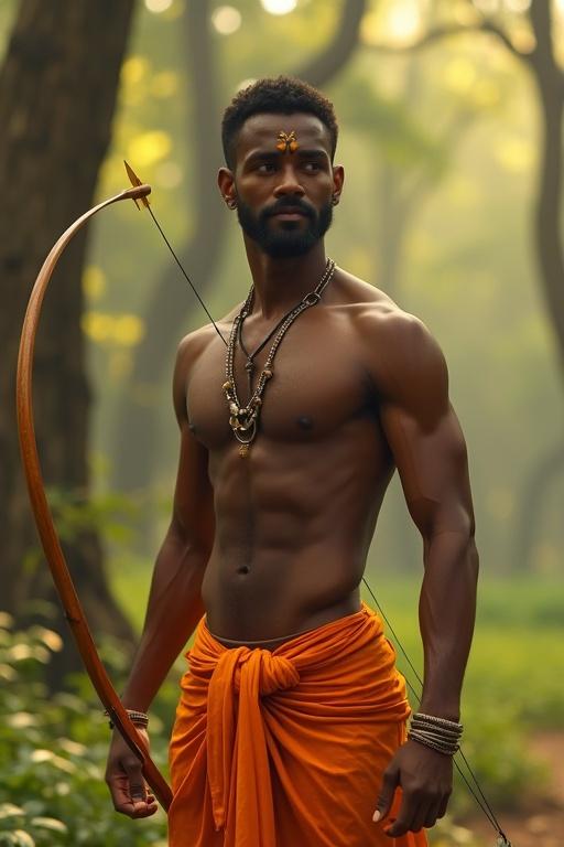 Realistic image of Shri Ram inspired by Indian mythology. Lean athletic figure with dark skin. Wearing simple orange clothes symbolizing forest exile. Clean-shaven and handsome. Illustrated in a low-angle shot. Warm sunlight gently illuminating him. Interacting playfully with bow and arrow. Lush forest serves as background. Bright colors rich in detail and realism.