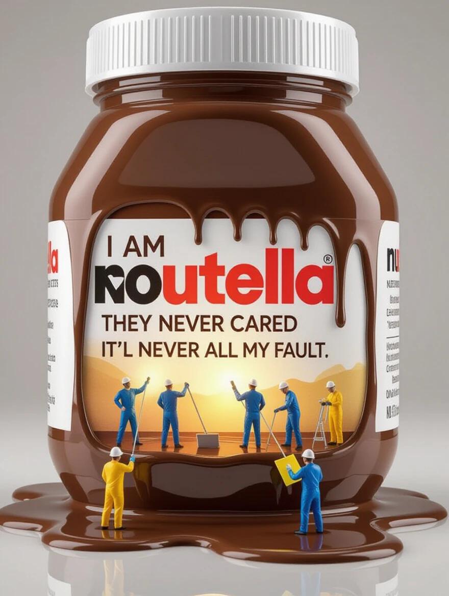 A photorealistic diorama within a large Nutella jar. The jar's interior has thick chocolate smeared unevenly with negative phrases. Tiny figures symbolize emotional workers. One figure is a therapist with a clipboard. Others clean away harsh words revealing a golden glow. Tools of healing are scattered on the jar's floor. The Nutella surface is glossy and reflective, depicted with detailed textures and lighting that enhance its symbolic meaning.