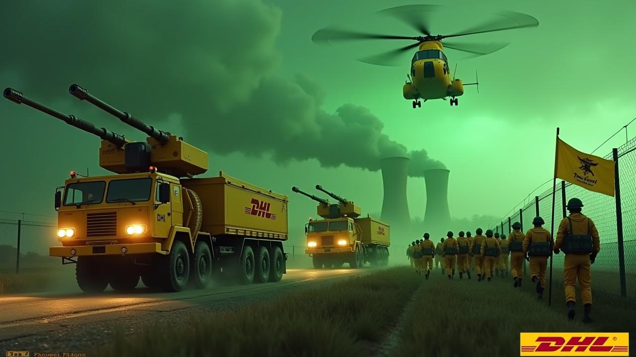 In a dramatic scene, several large yellow armored trucks, equipped with double-barrel roof-mounted cannons, drive beside a fence. The sides of the trucks display the DHL logo prominently. Nearby, soldiers dressed in yellow uniforms march in unison, some holding rifles. One soldier waves a large flag featuring the DHL logo. The background highlights the smokestacks of a nuclear power plant, glowing ominously in green. Above, a yellow Chinook CH-47 helicopter flies, intensifying the action. The DHL logo appears boldly at the bottom.