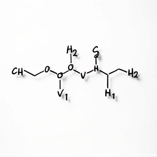 Chemistry illustration of drawn molecules in white color on a light background. Simple design featuring a structural formula with bonds and atoms.