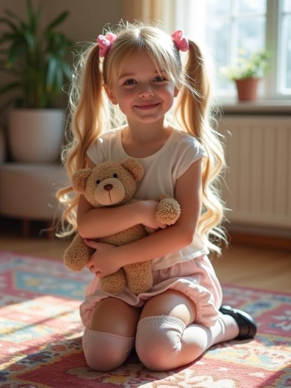 A girl kneels on a colorful rug in a well-lit living room. She has long blonde hair in twin tails with pink bows. Her outfit features a white crop top and pale pink skirt. She wears thigh-high socks with lace and black shoes. Holding a teddy bear, she looks up with curiosity and a smile.