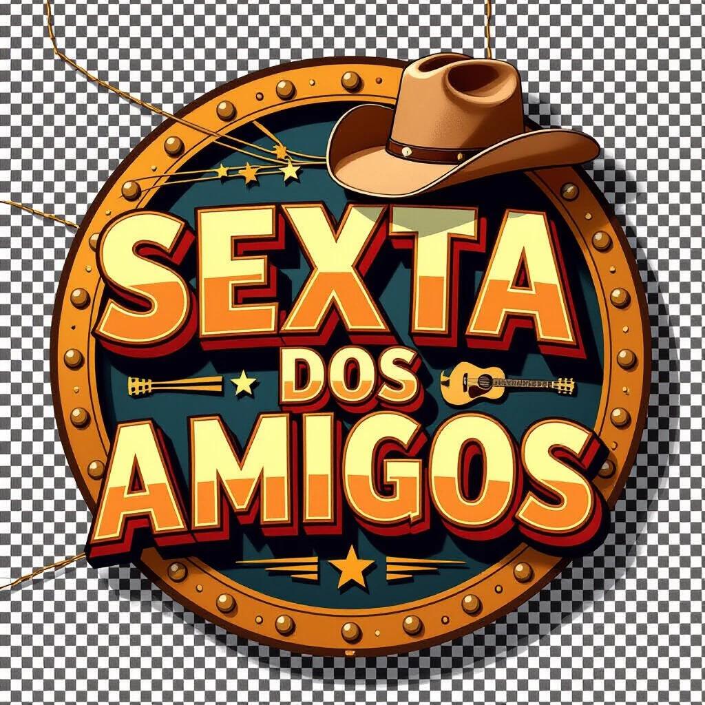 Logo design features the name Sexta dos Amigos. Main name highlighted with bold large letters and soft shadows. Realistic texture and decorative screws in circular outline. Country elements include a guitar and strings around text. Cowboy hat on upper letters. Dark background for contrast. Style reminiscent of farm seals or crests. Background is transparent PNG.