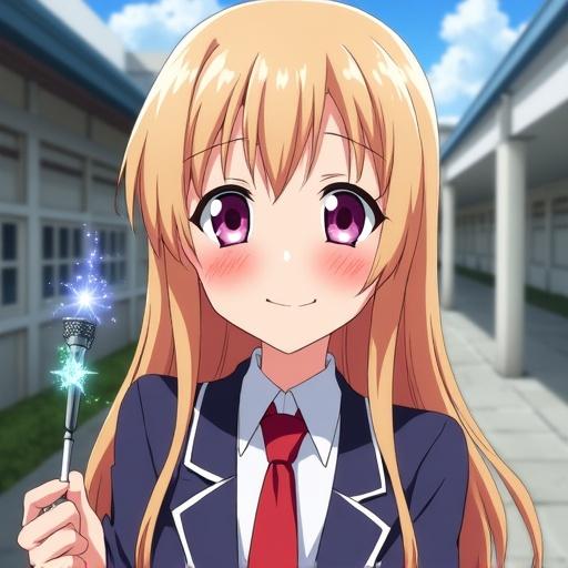 A girl from the anime Gushing Over Magical Girls holds a magic wand. She is in a Biser uniform. She smiles happily. Her face shows a light sweat. The background is a Japanese school.
