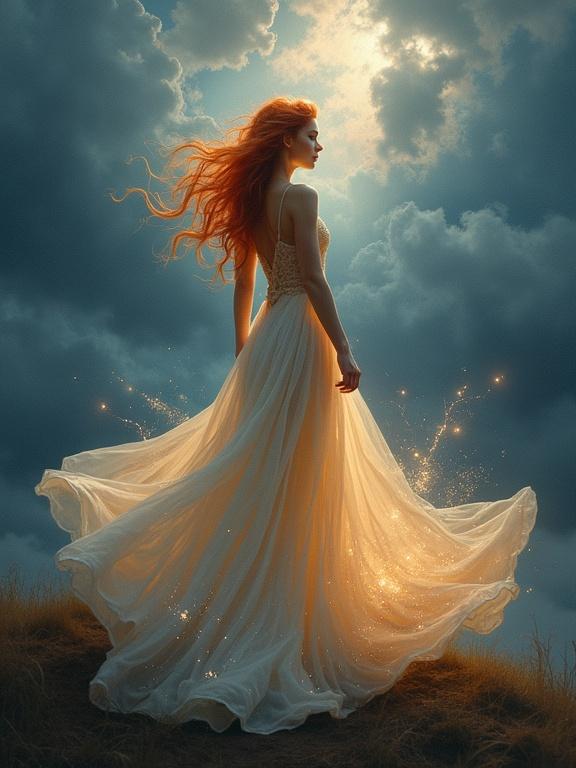 A painting depicts a solitary figure in a flowing dress against dramatic clouds. The scene conveys wonder and introspection. A princess with fiery hair wears a magical, ethereal dress that glows with particles.