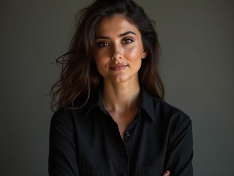 Portrait of an Italian woman about 30 years old wearing a black shirt with soft lighting and a neutral background.