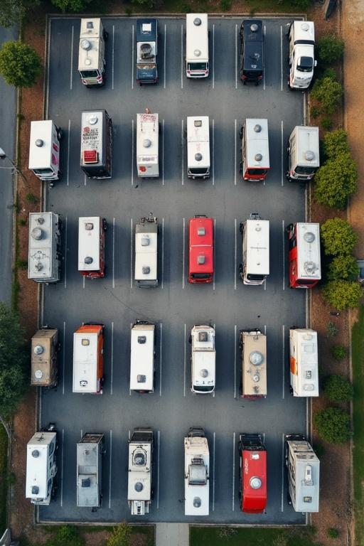 Aerial view of a trapezium parking lot with food trucks. Forty four food trucks parked in defined spots. Trucks arranged vertically in neat lines.