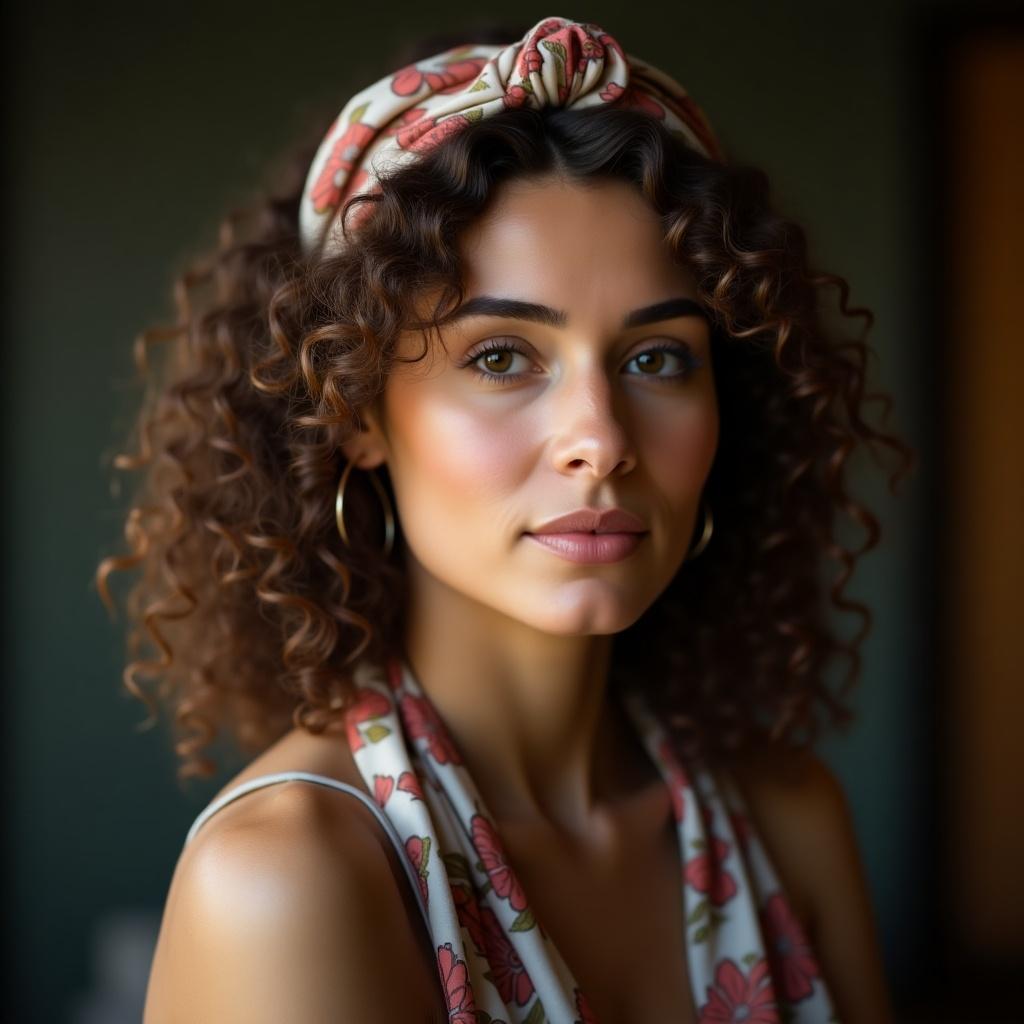 This is a portrait of a woman with beautiful curly hair, accentuated by a patterned headband. She has a soft and gentle expression, captured in warm, natural lighting. The background is softly blurred, enhancing the vintage aesthetic of the image. The woman's outfit includes floral patterns that complement her lovely curls. The overall mood is tranquil and inviting, perfect for fashion and beauty themes.