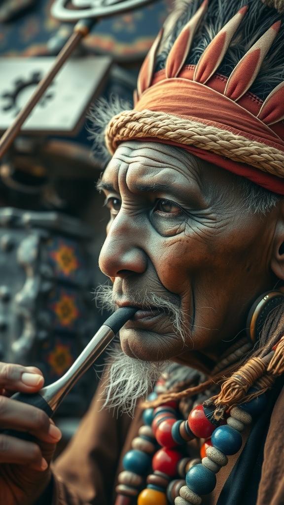 A wise elder in tribal attire enjoying a quiet moment with a pipe.