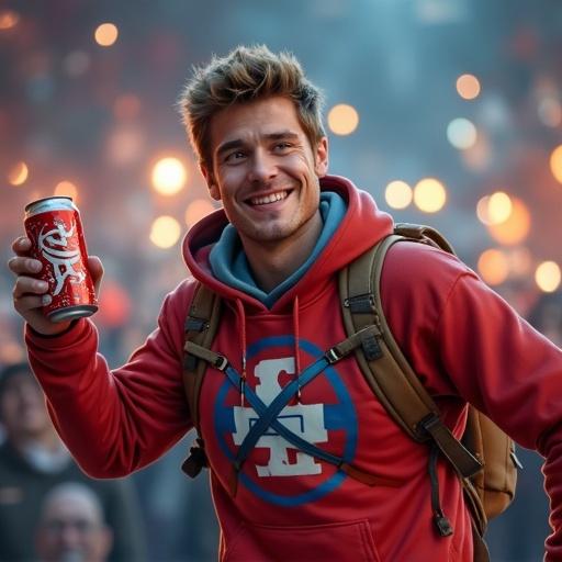 YouTube thumbnail showcasing a cheerful individual holding a soda can. Emphasis on excitement for upcoming adventure with a lively background.
