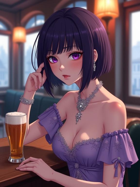 A striking anime lady with fair skin and dark violet bob haircut. She has violet eyes and wears a lilac gown with detailed patterns. Her demeanor is calm and confident while seated at a bar with a glass of beer.