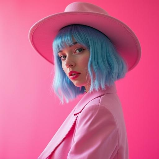 Glamorous portrait of a model in a pink outfit and hat. Model has blue hair. Background is pink. Soft lighting enhances the mood.