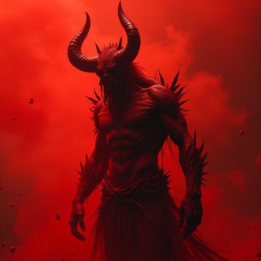 A powerful demon characterized by red skin and horns set against a dark red backdrop. The demon's muscular form and ominous presence evoke a sense of dread. Details include menacing features and a fiery atmosphere.