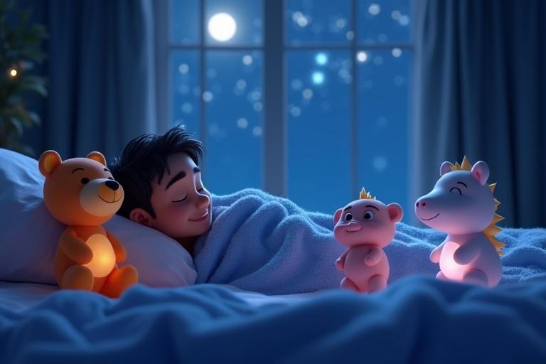 A 4K ultra-HD 3D animated scene showing a child asleep in bed. The room is illuminated by moonlight with toys glowing. Toys have human-like excitement. The colors are soft and magical with a starry night visible through the window.