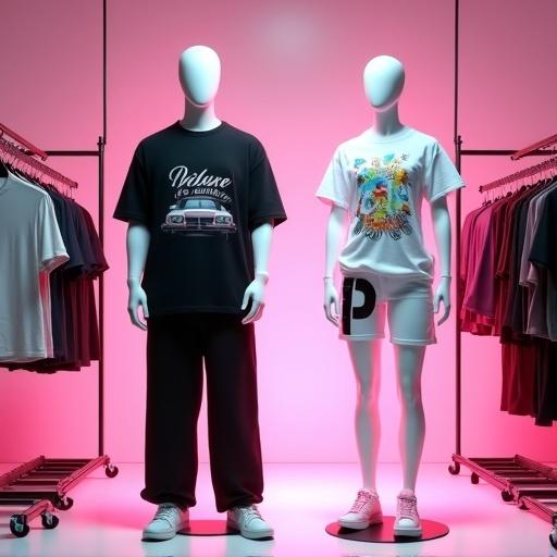 VK group cover featuring two glass mannequins one male one female. Male wears oversized black t-shirt with car print wide black pants white sneakers. Female in fitted white t-shirt colorful summer print white shorts large letter P pink sneakers. Bright white lighting on male mannequin bright pink lighting on female mannequin. Centered bold logo Picture Code with smaller text DTF Printing above mannequins. Minimalistic background with clean modern aesthetic.