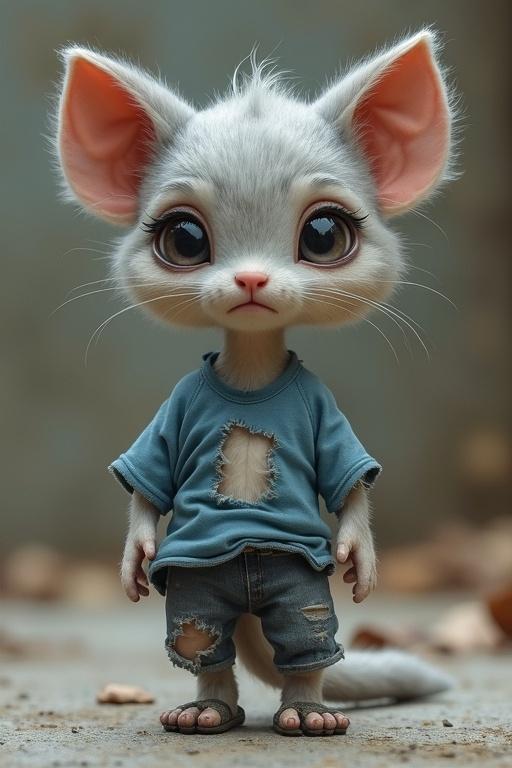 A thin furry character with gray and white fur looking sad. Large watery eyes with dark circles. Wearing a faded blue ripped T-shirt. Pants are mismatched and patched. Hunched posture with a curled tail. Accessories include a broken sandal and a small backpack made from a torn sock.