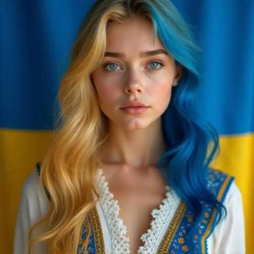 Portrait of a young woman with blue and blonde hair. Traditional Ukrainian attire is worn. Background features the blue and yellow Ukrainian flag. Soft, warm lighting enhances facial features. Composition draws attention to her serene expression. Intricate clothing details add richness to the image.