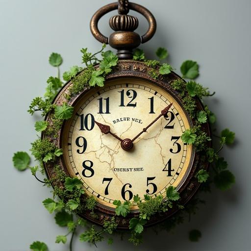 Photograph of antique pocket watch surrounded by moss and ivy. Watch face has a cream background with cracked texture. Numerals are large black serif font. Rusted metal hands connected by thin chain. Dark brown casing with engravings. Background is light gray. Watch appears reclaimed by nature with vibrant green leaves.