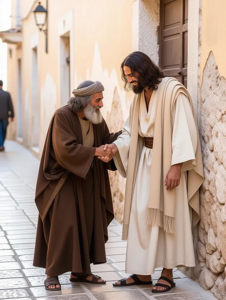 Jesus bends down and shakes hands with a beggar and helps him stand up. The beggar embraces Jesus and transforms into a handsome, well-dressed man.