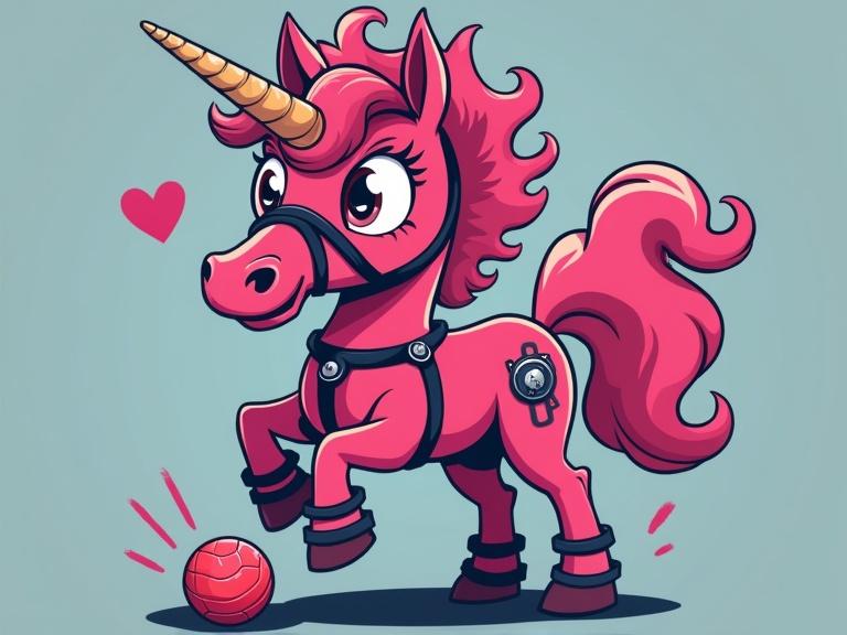 A kickball playing dark pink pony in a black leather kink harness. The pony has a ball gag and playful, sassy expression. Large expressive eyes. Background is a color similar to d5446d. Crisp outlines and bold color palette. The ball is red. The pony is not a unicorn.