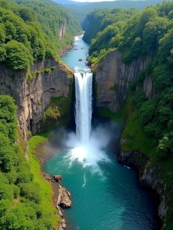 Aerial view of a waterfall cascading down a rocky gorge. The gorge is surrounded by lush greenery. Water flows into a turquoise pool. A river meanders away. Steep cliffs are adorned with vegetation. The scene shows vibrant colors of nature.