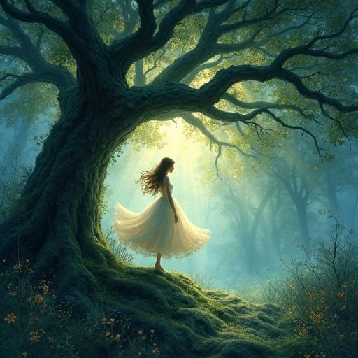 Ethereal figure dancing within gnarled tree in misty forest. Wisps of light illuminate flowing gown. Mossy ground with intricate shadows. Scent of damp earth and blooming night flowers. Capture dreamy essence through watercolors and linework. Add bioluminescence for otherworldly feel.