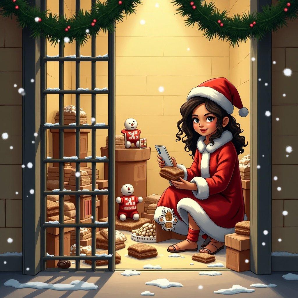 Scene shows a girl in a red Christmas outfit sitting behind bars. She is using a smartphone and surrounded by Christmas treats. Snowflakes are falling outside. Room filled with festive decorations.