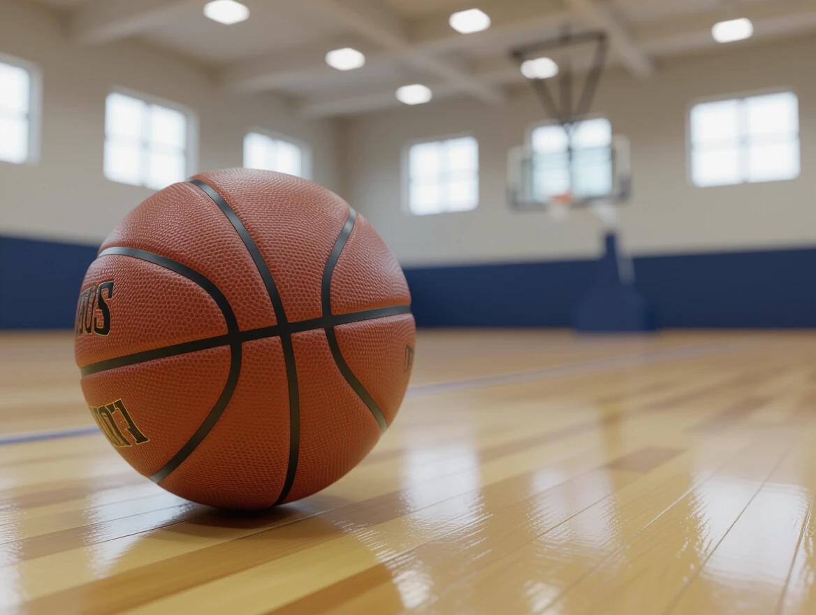 Close-up image of a basketball showing detailed texture and branding. Basketball is positioned on a polished wooden floor. Background is an indoor basketball court with basic layout and markings. Soft shadows and shallow depth of field enhance the focus on the basketball. The image reflects a realistic and cinematic sports photography style with high clarity.