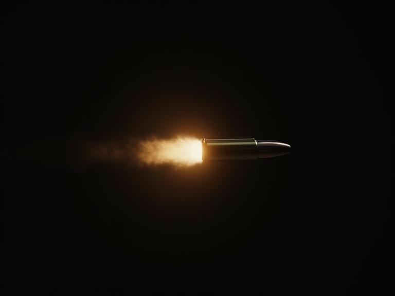 Slow motion video showing golden bullet flying through darkness. Subtle rim lighting showcases bullet and surrounding smoke.