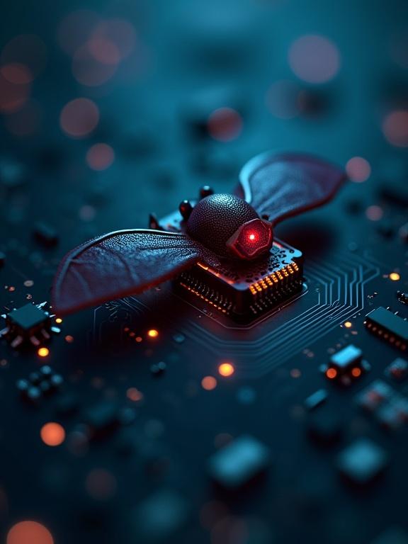 Ultrasonic electronic sensor designed as a bat. Set against a vibrant electronic background with circuits and glowing elements. Focus on futuristic aesthetics.