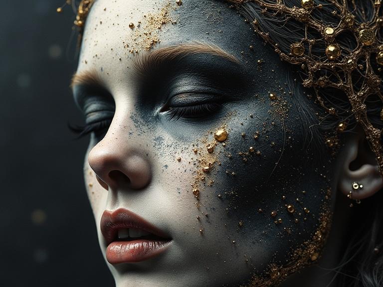 3D hyper-detailed close-up of a face with dramatic make-up. Macabre theme with textured features and artistic elements using encaustic wax. Focuses on kinesthesia and gestalt principles.