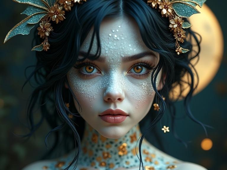 Image features model with mossy dark hair styled surreal. Model wears elaborate face paint and has big eyelashes. She displays a mischievous expression. Headpiece includes butterflies and flowers. Scene set at nighttime with full moon. Dramatic color palette with metallic tones. High resolution and soft focus create artistic feel.