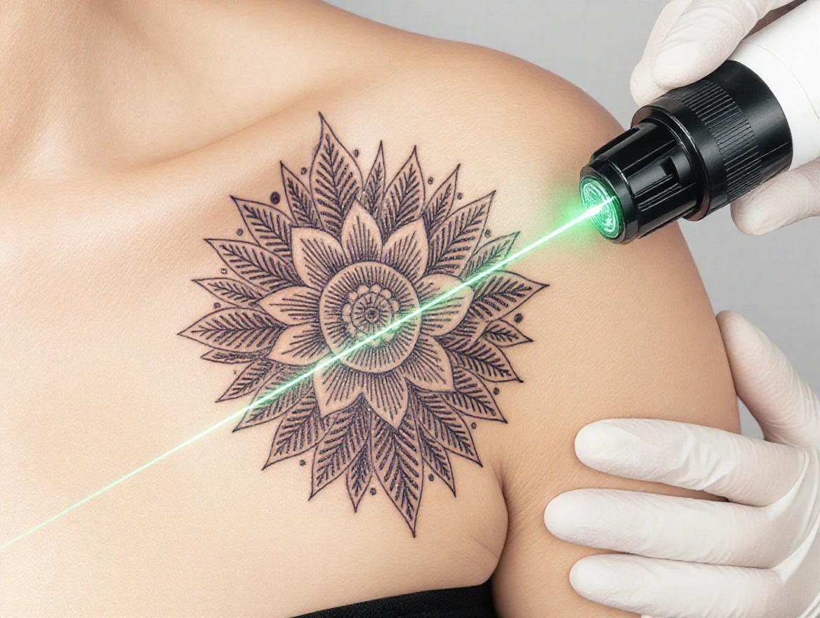 Image depicts a laser tattoo removal procedure. The tattoo is a detailed floral design located on a shoulder. A laser device emits a green light targeting the tattoo. A gloved hand operates the device. The background is neutral and soft.
