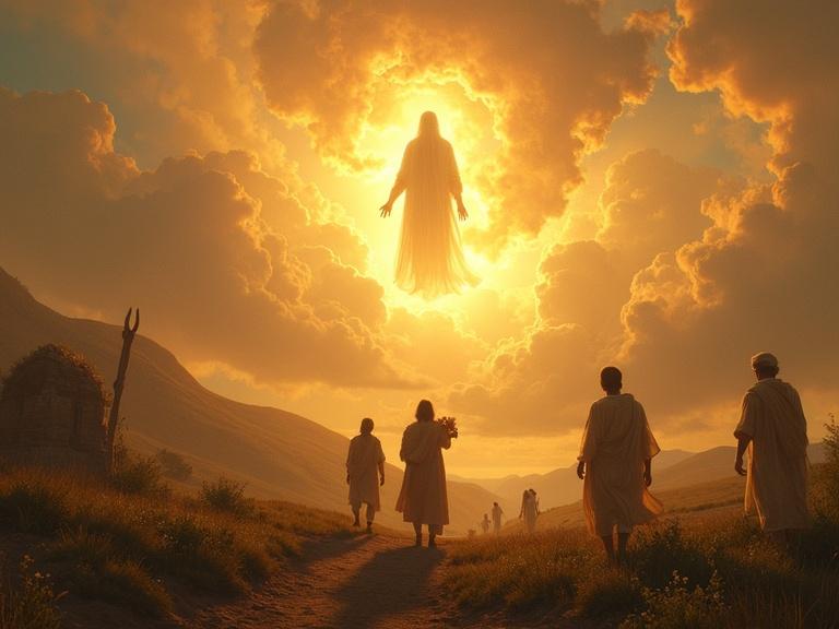 Enoch in a serene landscape connected to a divine figure in the sky while villagers below search for treasure in symbolic style with golden tones and 9:16 aspect ratio