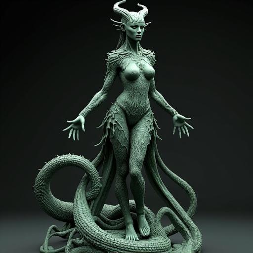 Resin figure depicting a woman with a scorpion body. The figure represents a hybrid goddess of cosmic horror. Dark and beautiful feminine features are highlighted in the design. Elaborate details showcase supernatural elements and artistic craftsmanship.