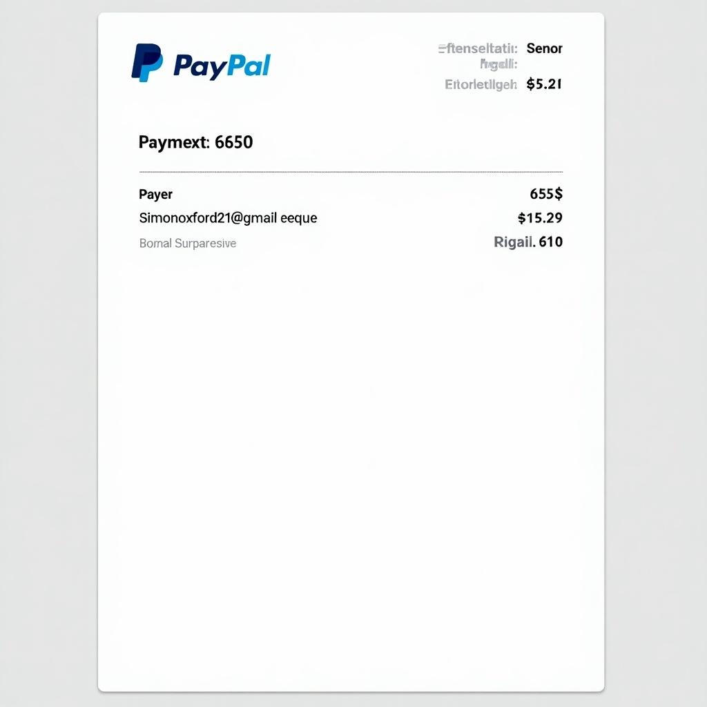 PayPal payment receipt features PayPal logo. Receipt displays transaction amount of 65 dollars. Payer details include simonoxford21@gmail.com. Document design is clean and suitable for online transactions. Includes transaction number and details.