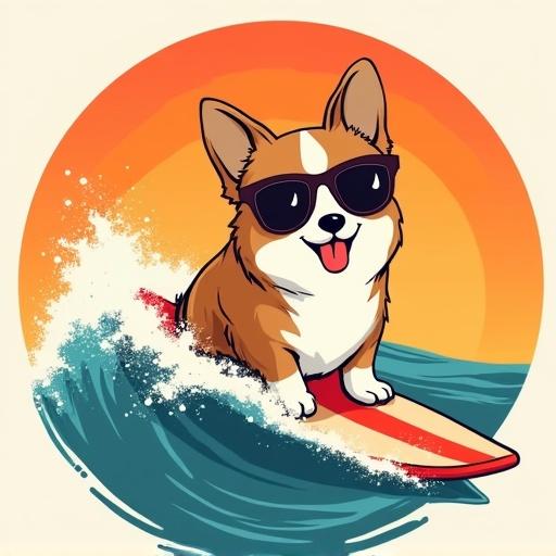 Cute cartoon dog corgi in a circular retro sunset background riding the wave on a surfboard wearing sunglasses.