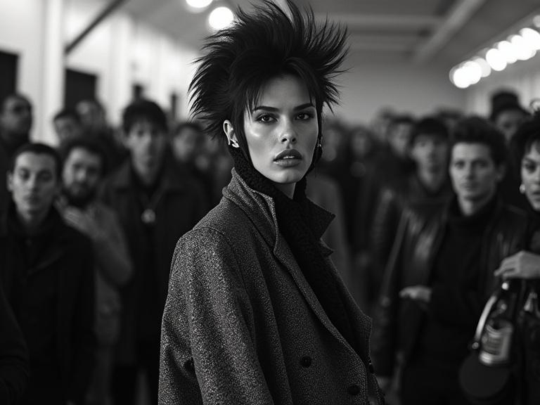 High-end punk fashion at the MET Gala with attitude. Black and white image shot on Tri-X film with a solarium style. Styled by Gwen Stefani and Will.i.am. Photography by Steven Meisel at f/11.