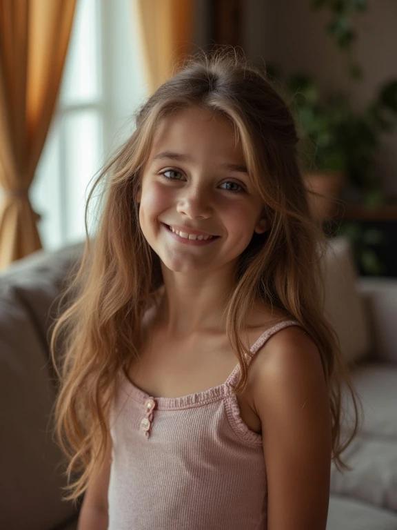 A young girl is seated in a cozy living room. She has long hair and wears a soft pink sleeveless top. The background features warm curtains and indoor plants. The natural light creates a serene atmosphere.