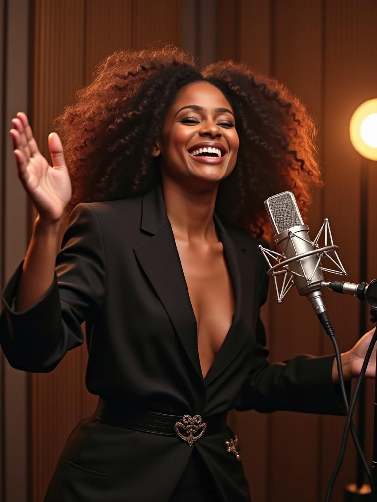 Singer performing passionately in recording studio. Dressed in stylish outfit with deep neckline. Dancing and singing joyfully into a microphone. Warm lighting enhances the dynamic atmosphere of music production.