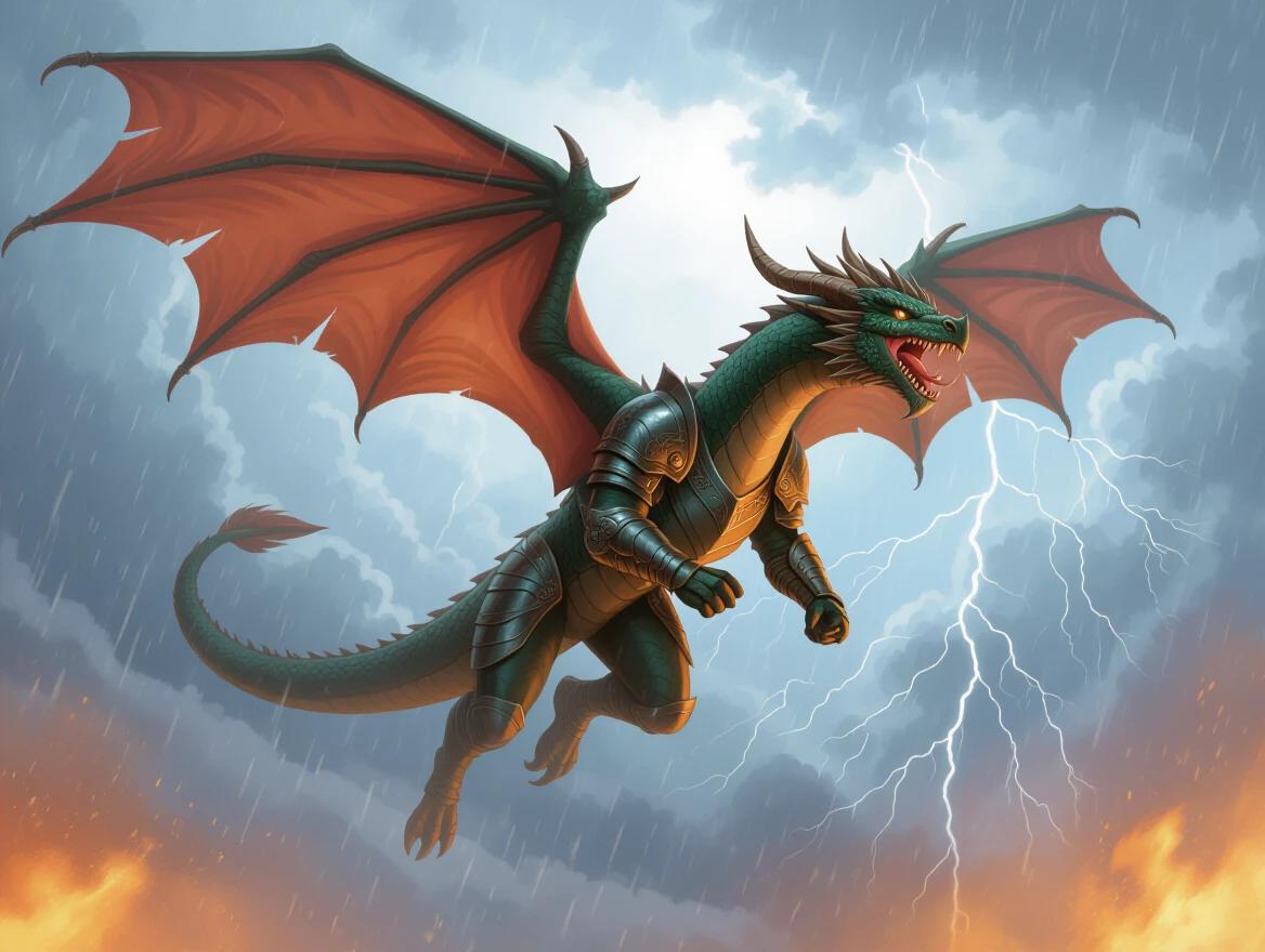 A dragon with green scales and red wings soars through a stormy sky. Dragon wears intricate battle armor. Surrounding atmosphere includes dark clouds and flashes of lightning. Fire burns below.