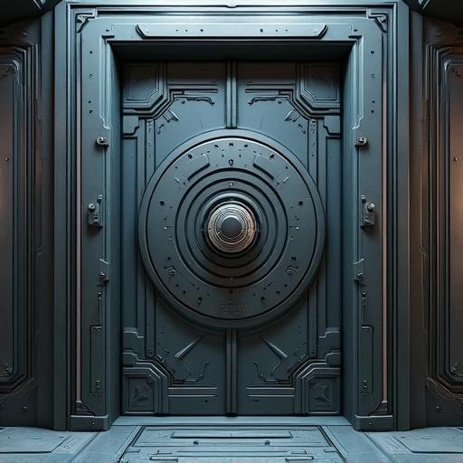 Sci-Fi door that is horizontally wide with a central circular locking mechanism. Features intricate panel details. Includes additional sci-fi elements.