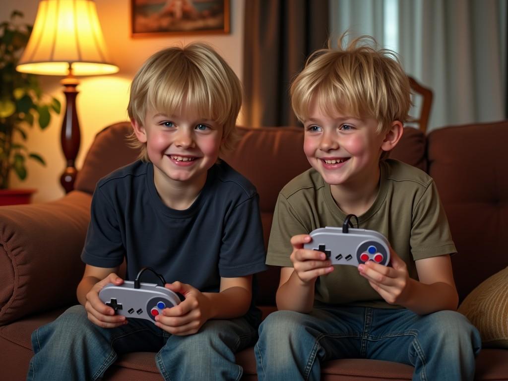 The image captures two young boys sitting on a sofa, joyfully engaged in playing video games. The warm lighting from a nearby lamp creates a cozy and inviting atmosphere, casting soft shadows on the boys' faces. Their expressions of delight and companionship are highlighted as they hold video game controllers, immersed in the gaming experience.