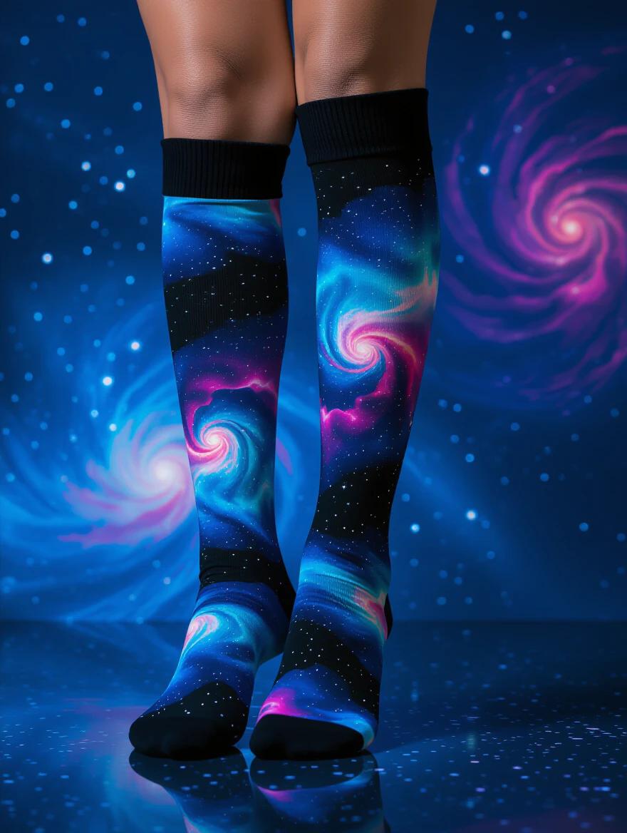 Stunning showcase of knee-high socks featuring cosmic nebula design. Black base socks with swirling clouds of electric blue magenta and teal. Tiny silver dots representing stars. Displayed on long legs against dark background with galaxy projections. Emphasizes full length and cosmic theme. Influenced by science fiction photography.