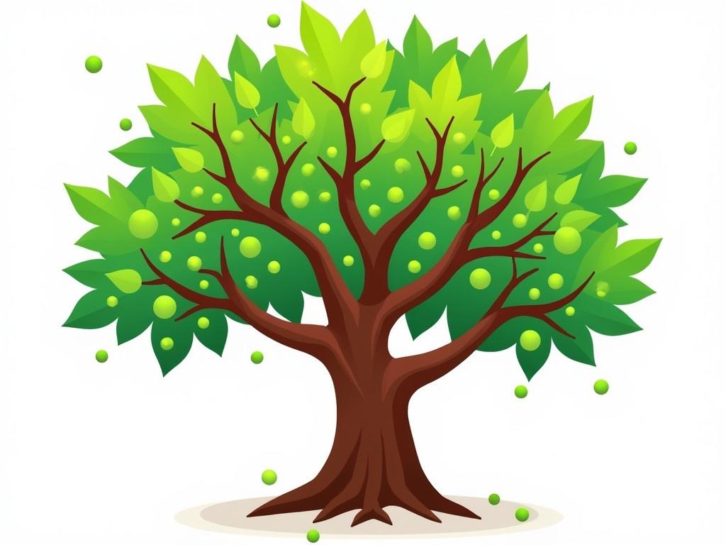 This image showcases a stylized tree with many branches. The tree has a strong brown trunk, with a wide base and smooth curves. The branches are lush and filled with vibrant green leaves, representing life and vitality. Scattered among the leaves are small, round green fruits, adding a splash of color. The background is plain white, emphasizing the tree's bright colors and intricate details.