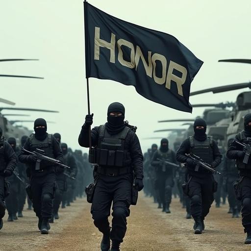 A large group of warriors dressed in combat gear with rifles and heavy machinery including tanks and helicopters. In the front, a soldier holds a black flag with the word 'Honor'. The scene showcases a combination of traditional ninja principles with modern military tactics.