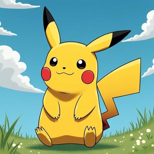 Pikachu illustrated in a Studio Ghibli art style. Sitting on grass under a blue sky with fluffy white clouds. Character appears adorable and inviting.