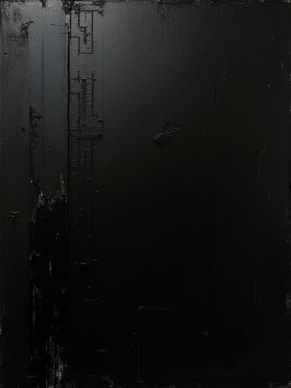 Digital oil painting image of black background. Harsh strokes create texture showing wear and decay. Flat colors exhibit a minimalist style. Dynamic silhouettes resemble film negatives. Shadows and edges mimic film strips. Overall aged and damaged appearance.